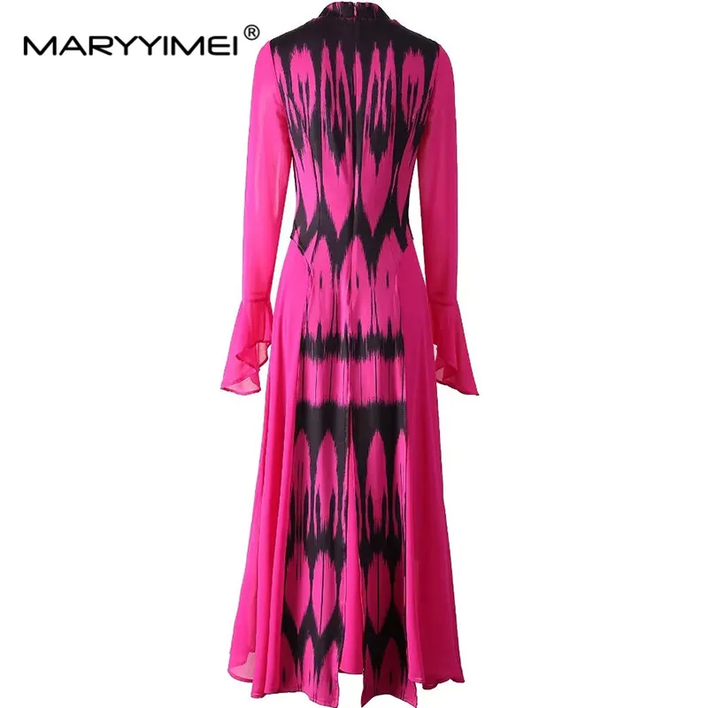 MARYYIMEI Elegant Women\'s Dress Stand collar Flare-Sleeve High waist Design Button Fashionable Autumn and winter Dresses