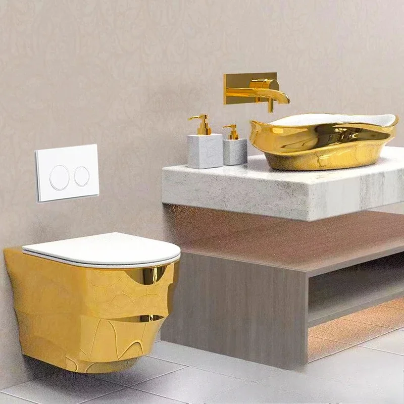Gold wall-mounted toilet hanging toilet Wall-mounted toilet Built-in hidden water tank ceramic wall row electroplated color
