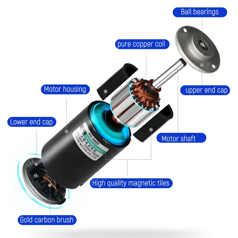 XD-3440 High Speed Adjustable DC Motor Brushed PM Motor 50W 12V 24V PMDC Micro Motor with High Torque CCW & CW Rotation