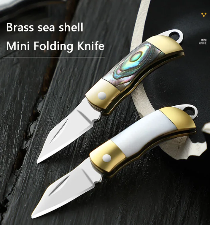 Mini Folding Knife, Brass Seashell Keychain, Stainless Steel Pendant Cutter, Outdoor Tool, Portable Unboxing Knife