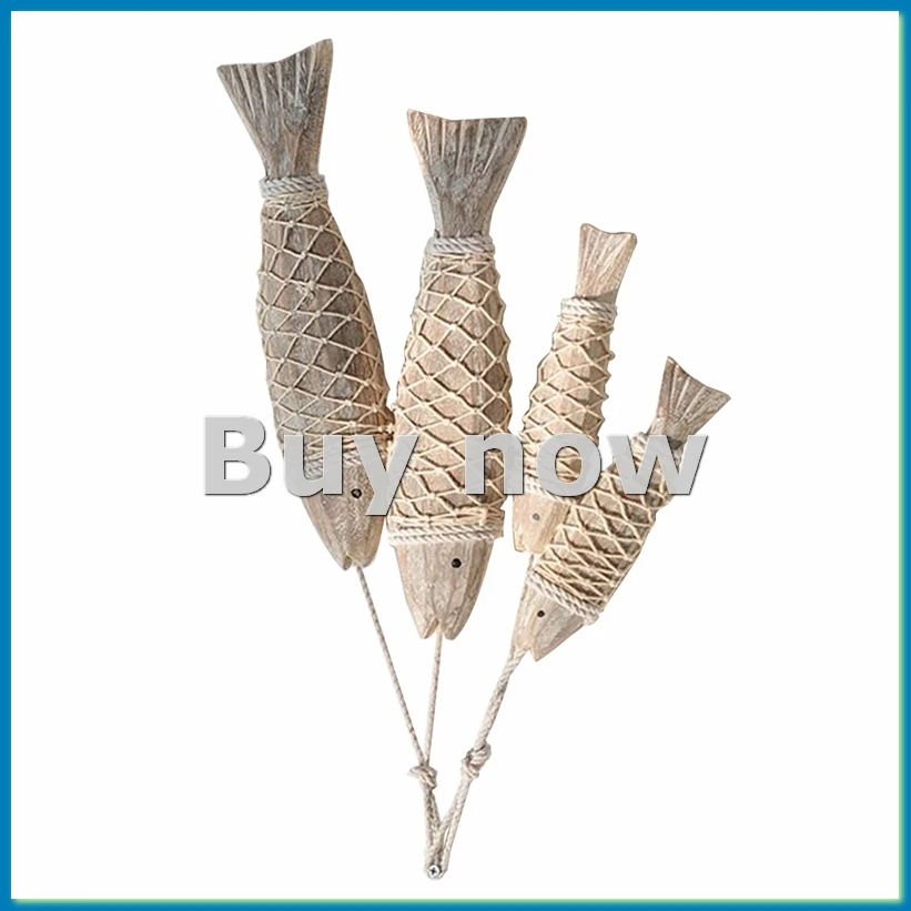 

4 Pack Antique Hand Carved Wood Fish Sculpture Decor Ornament with Fishing Net, Beach Theme Wall Art Hanging Decor-ABLL