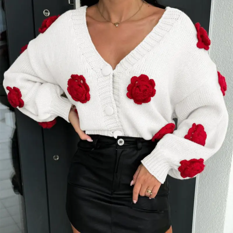 Combhasaki 여성 가을 ​​겨울 니트 카디건 세련된 3D 꽃 장식 버튼 다운 V 넥 긴 소매 루즈 피트 스웨터 자켓