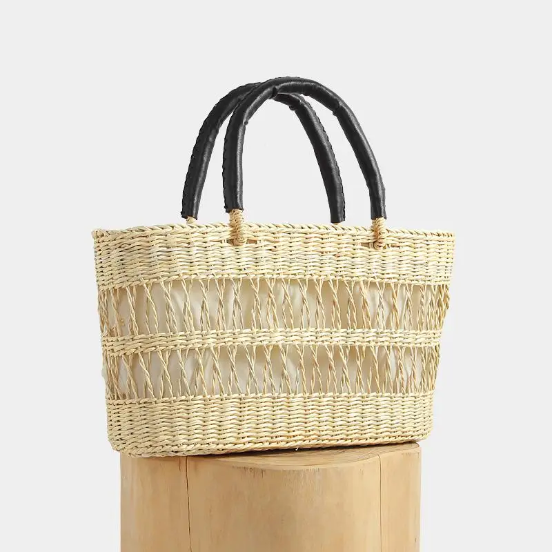 

Summer New Handmade Woven Hollow Water Bucket Shaped Vegetable Basket Handbag Horizontal Large Capacity Beach Vacation Beach Bag