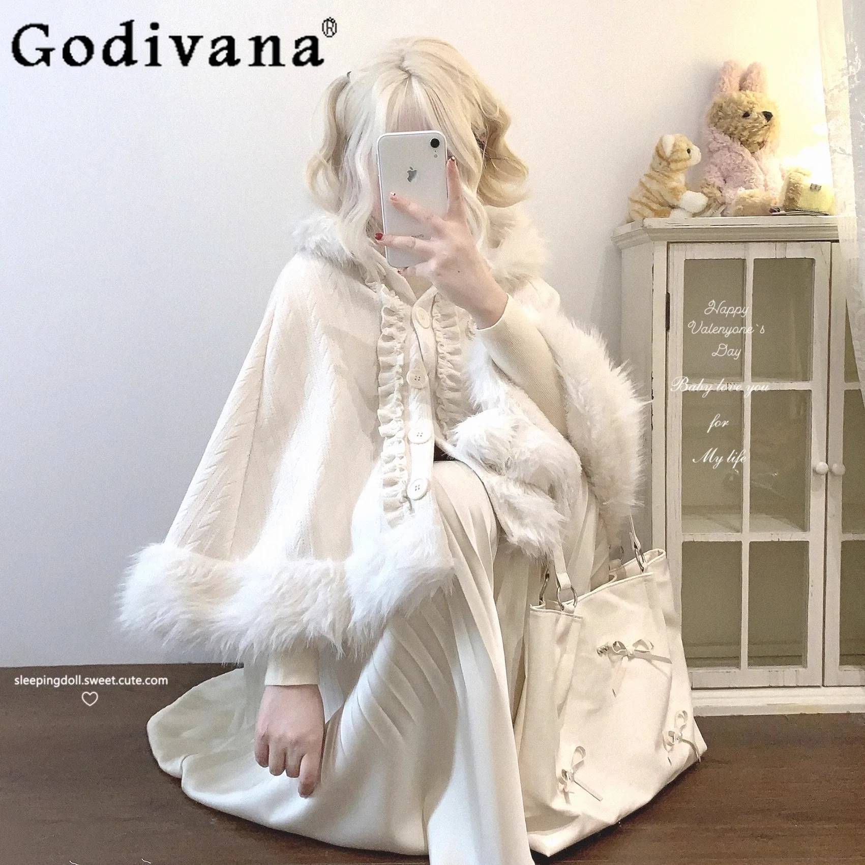 Original Japanese Style Cute Sweet Lolita Capes Women's Bow Velvet Warm and Thickened Knitted Hooded Cloak  Autumn and Winter