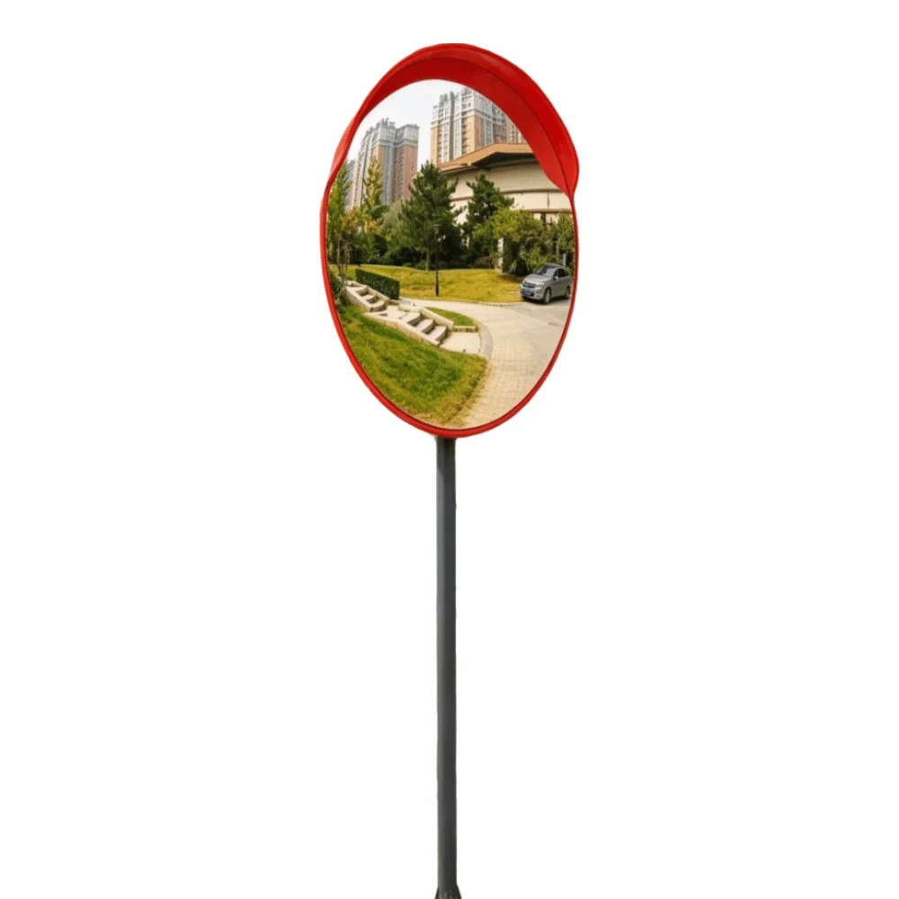 Clear View Round Shape Convex Mirror Pole Mountable Red Driveway Mirror Outdoor Corner Mirror Parking Lot