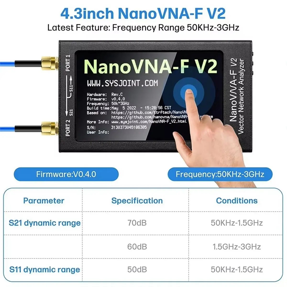 -F V2 Vector Network Analyzer 50KHz-3GHz Antenna Analyzer HF VHF UHF VNA 4.3