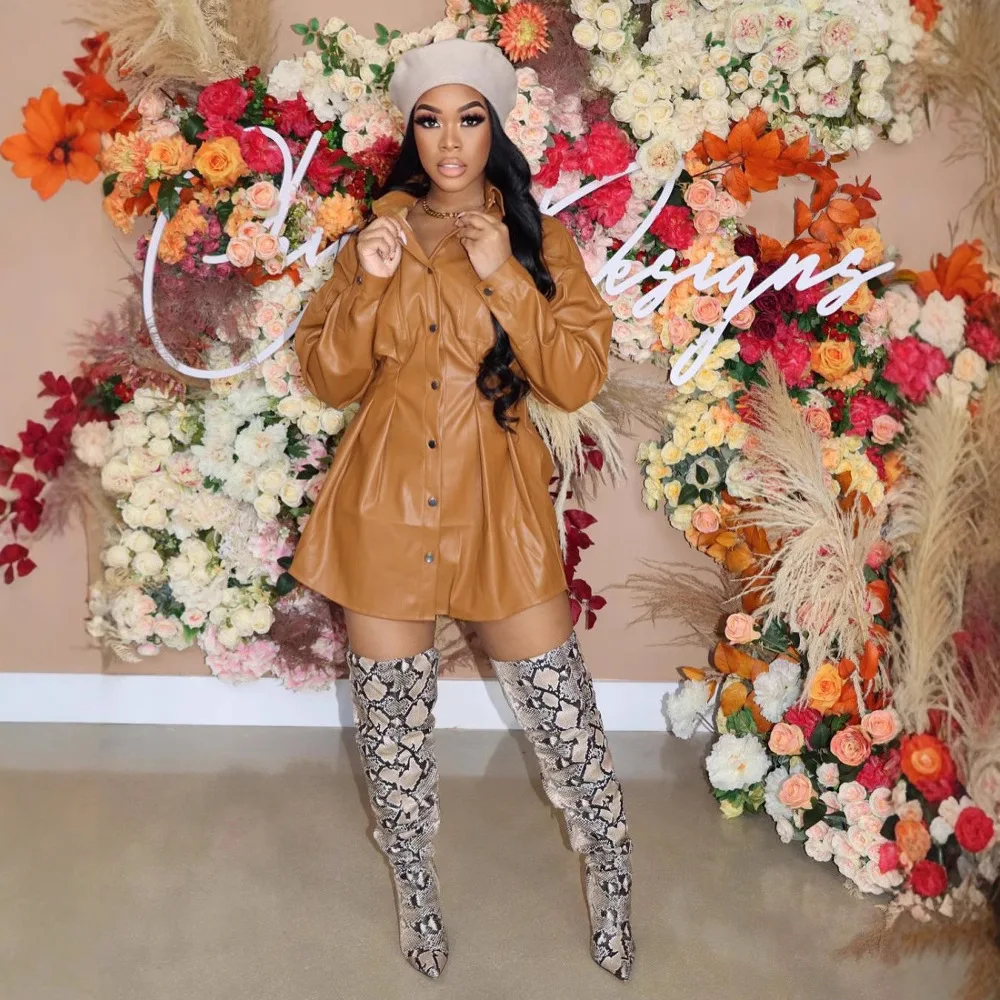 PU レザーのドレス女性のためのラペルシングルブレストシャツミディドレス女性長袖エレガントな A ラインドレスストリート Vestidos