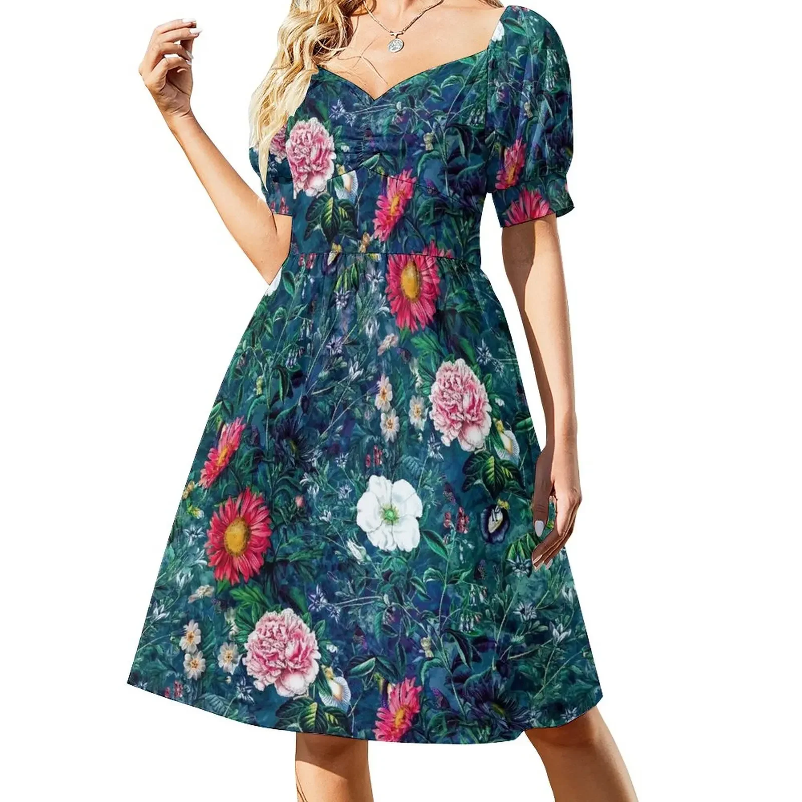 

Spring Flowers Dark Short-Sleeved Dress Evening gown birthday dress