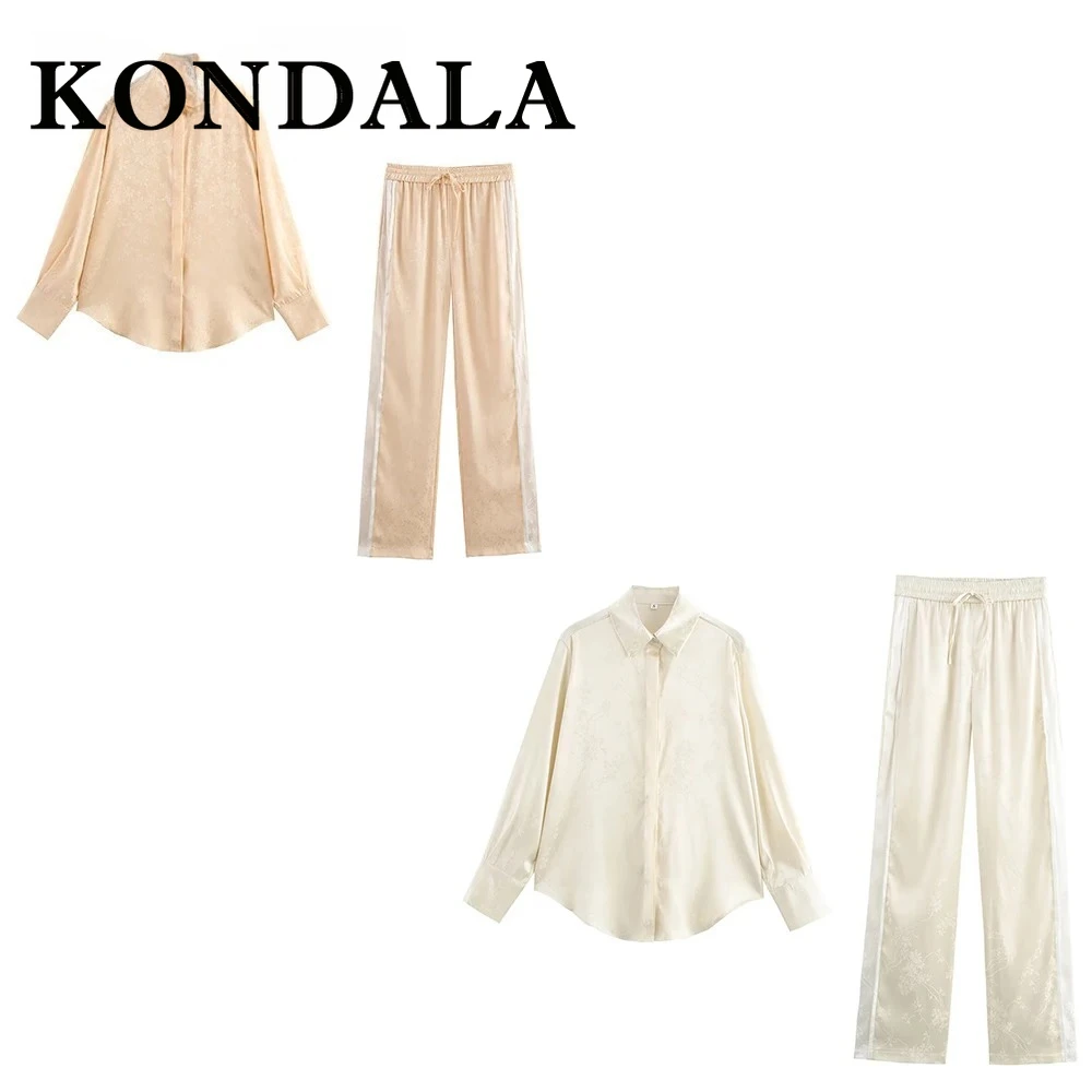 KONDALA Chic Floral Jacquard Suit Long Sleeve Turn-down Collar Button Shirt+ Drawstring Wide Leg Long Pants Casual Holiday Set