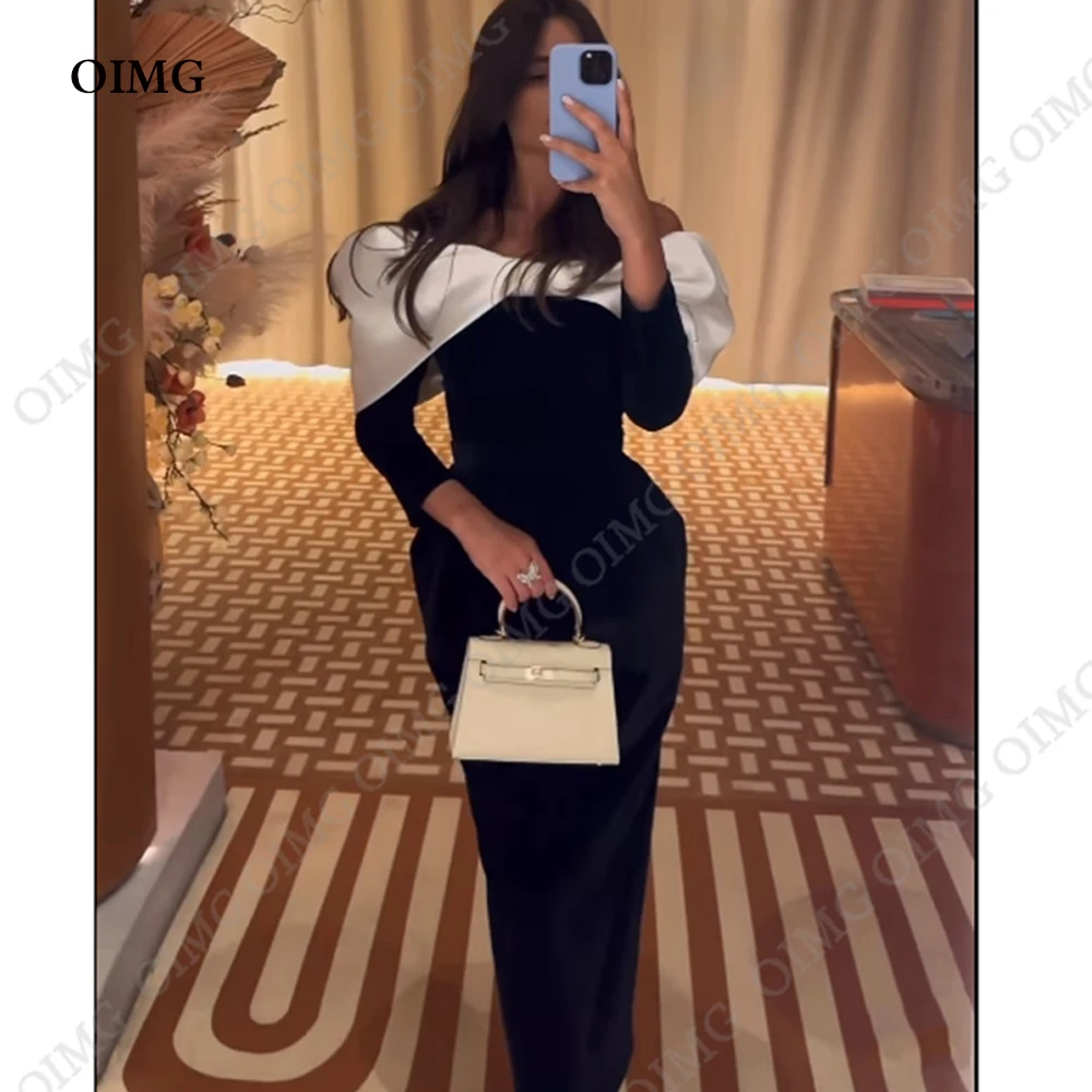 OIMG Saudi Arabic Black/White Bow Satin Evening Dresses Off Shoulder Maxi Prom Gowns Simple Formal Party Occasion Dress 2023