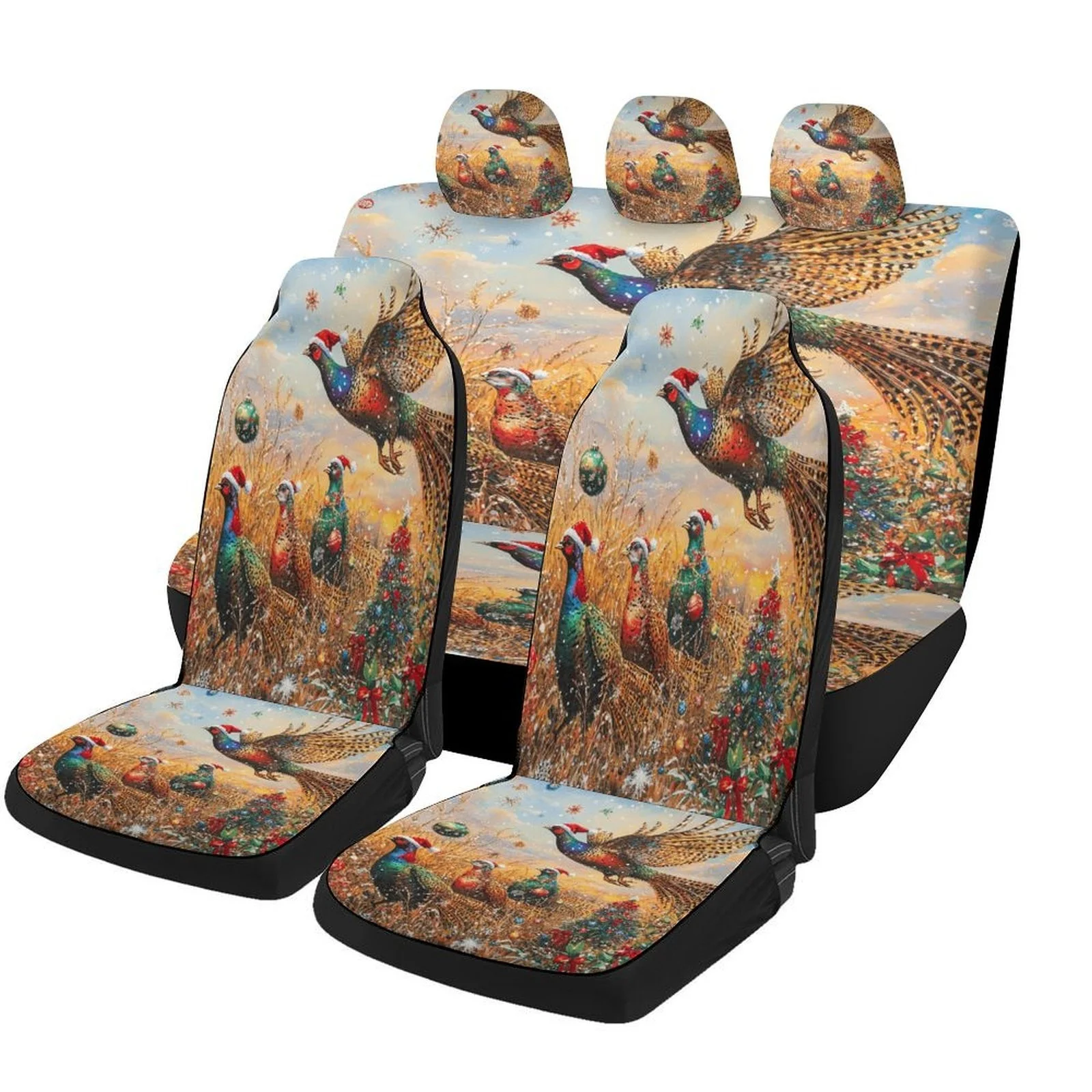 Christmas Pheasants Field Designed Car Seat Covers Set For Most Cars, Trendy Breathable Decorative Car Seat Protector Covers Ful