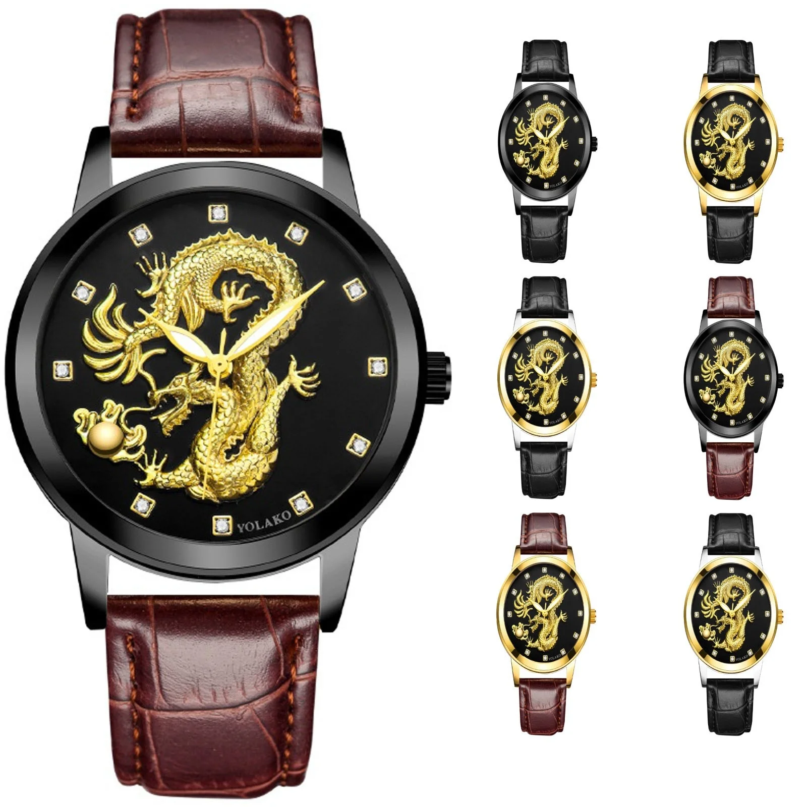 ‌ ساعة التنين الشرقية الخريف حافظة ذهبية اللون الأعمال عادية حزام التمساح الأسود لهجات أنيقة نمط ساعة كوارتز رجالي