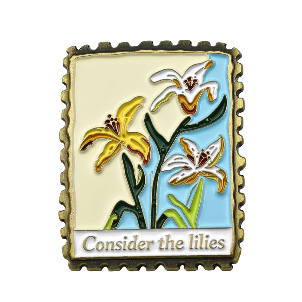 Consider The Lilies Brooch Christian Bible Verse Metal Lapel Pin Religious Faith Flower Stamp Badge Scripture Jewelry Gift