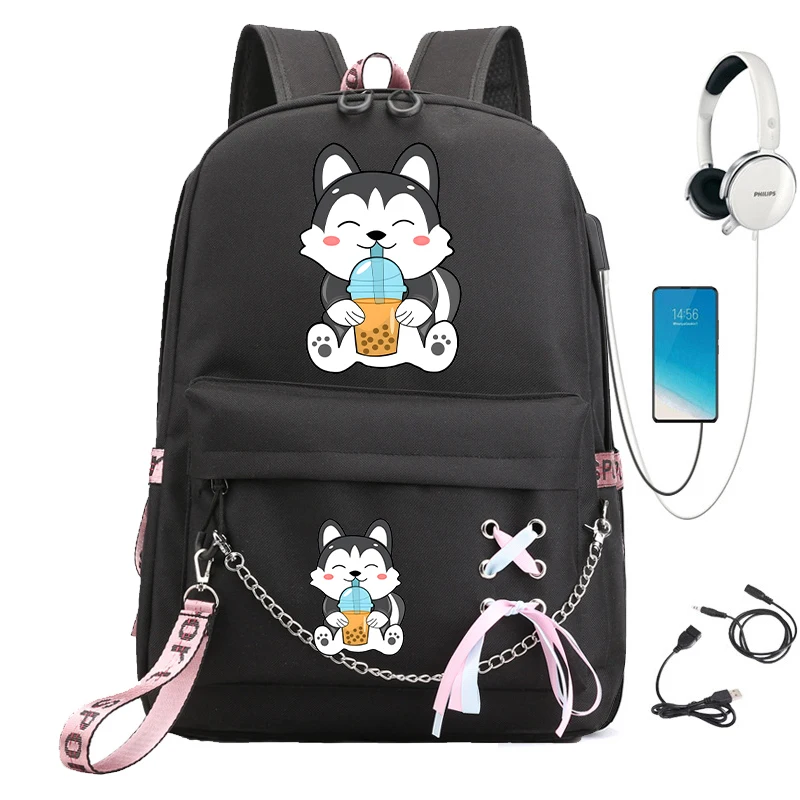 Neuer Trend Teenager Schule Schultern Rucksack Tasche Chibi Kawaii Husky Schüler Schult asche Kinder Anime Cartoon Bagpack USB-Tasche