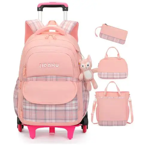 Mochila escolar con ruedas para niña, 5 unidades/juego con bolso, bolsa de almuerzo, mochila escolar con ruedas, conjunto de bolsa con carrito escolar para niñas