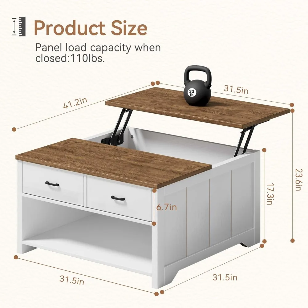 Square Coffee Table Lift Top, Wood Tea Table with Big Open Storage Living Room, Coffe Tables Rustic Center Table with 2 Drawers