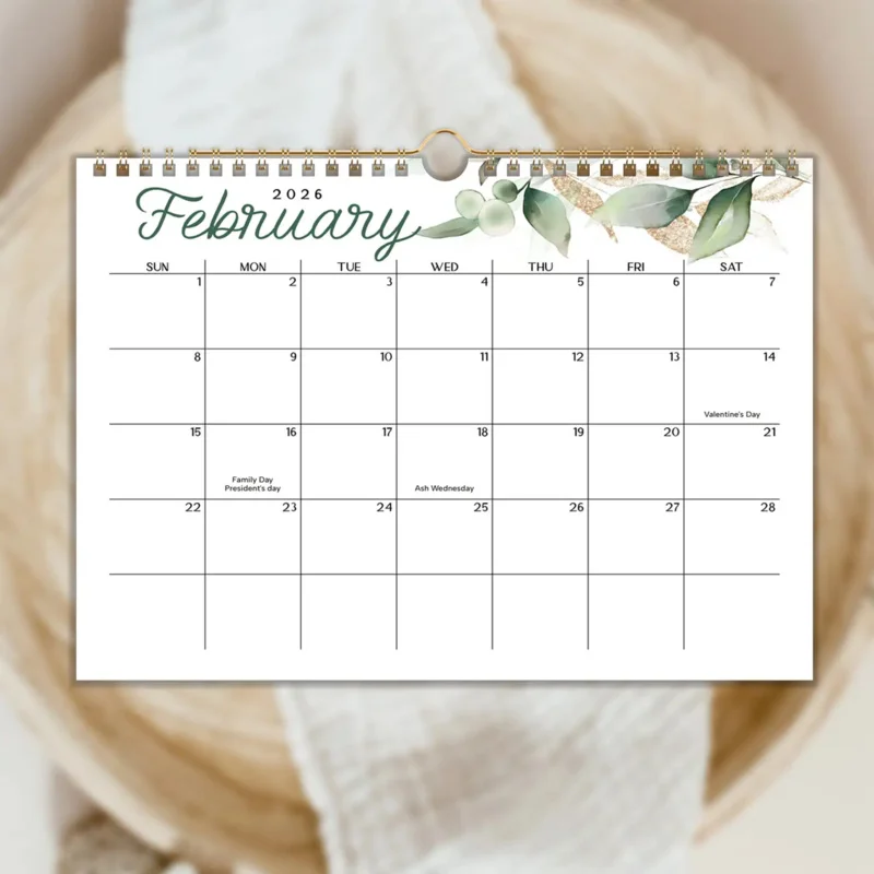 1Ben2026新鮮な緑の植物の文字壁掛けカレンダー、エレガントな葉のデザインのモダンなミニマリストプランナー、実用的なオフィス学習装飾