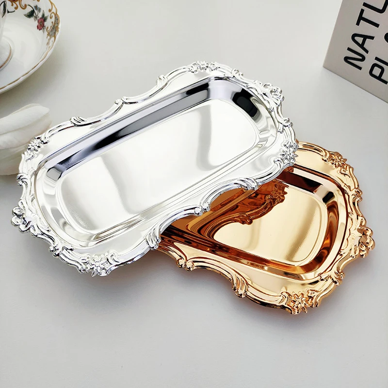 

Vintage Embossed Stainless Steel Tray Serving Platter For Desserts Jewelry Storage Organizer Snack Plate For Dining Table Decor