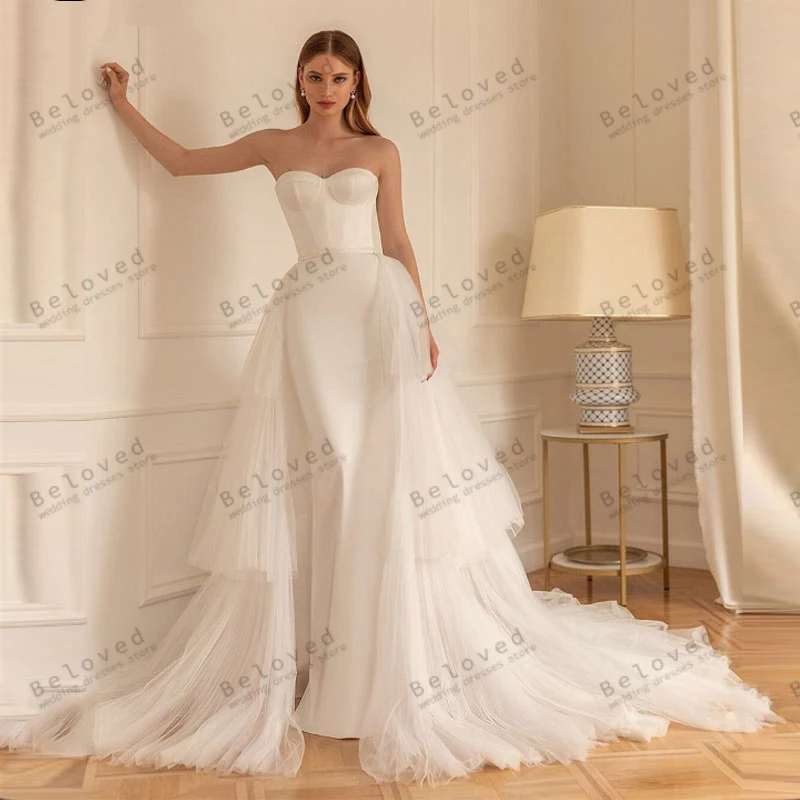 Robes de mariée en satin glamour pour les patients, robes de sirène élégantes, train de balayage en tulle, gaine sans bretelles sexy, 2024