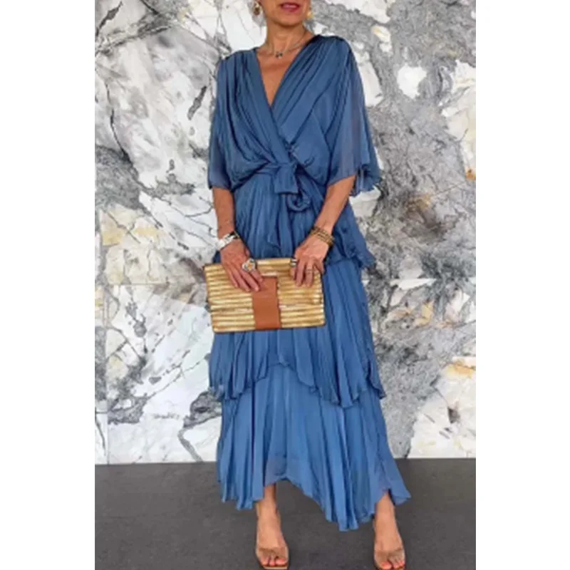 

Лето 2025 г., женское однотонное шифоновое многоярусное платье с v-образным вырезом, длинное платье макси с рукавами «летучая мышь», повседневная элегантная праздничная одежда