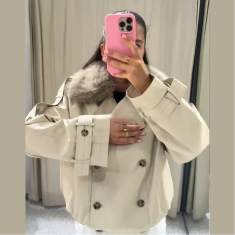 2025 Winter Women's  Detachable Fur Collar Double-Breasted Trench Coat Loose Long-Sleeved Outerwear Chic High Street Outerwear