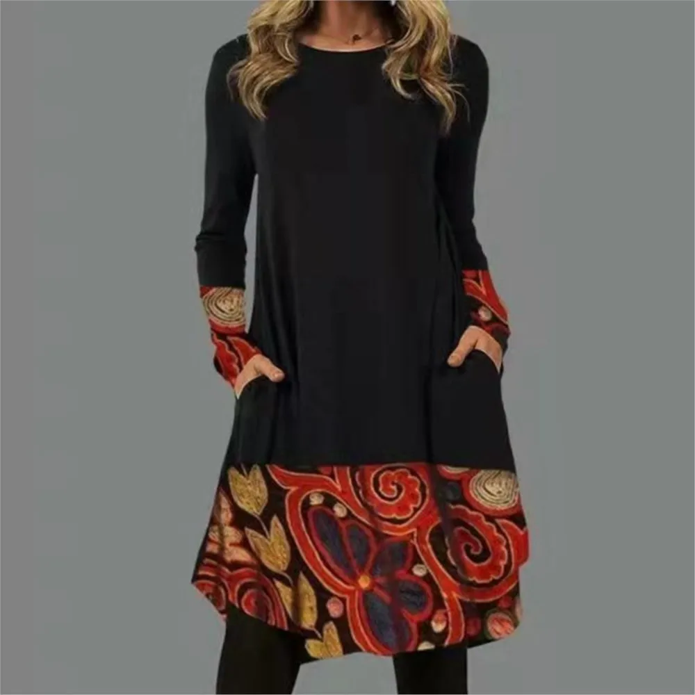 Women Ethnic Style Fashionable Casual Spring And Autumn Dress 2024 Retro Pocket Splicing Long Sleeved Short Dress Платье Женское