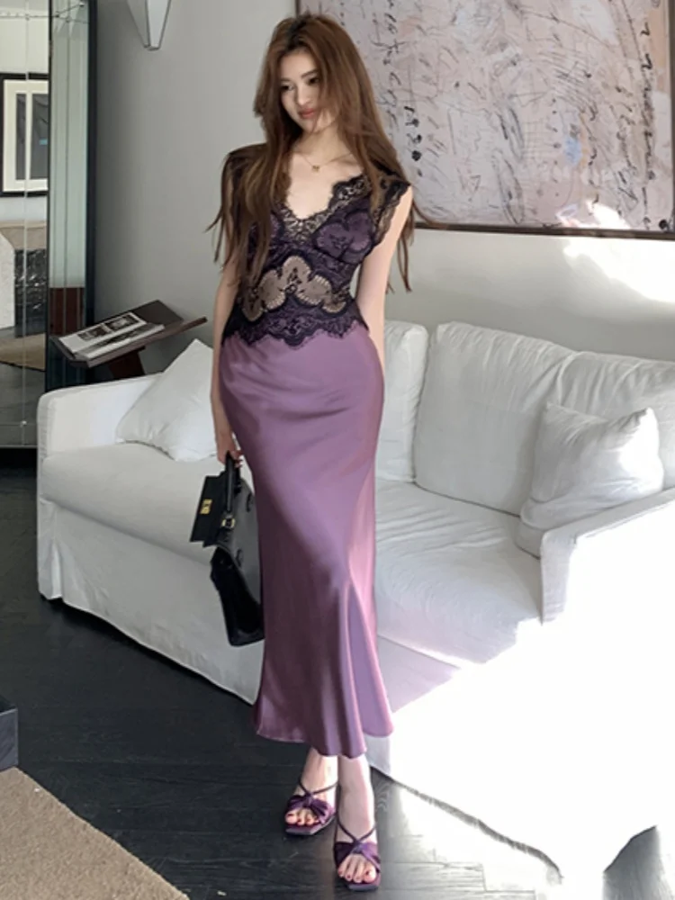 春夏新作ライト高級痩身レーススプライシング中空アウトドレス女性のためのハイウエストノースリーブ V ネックマーメイドドレス