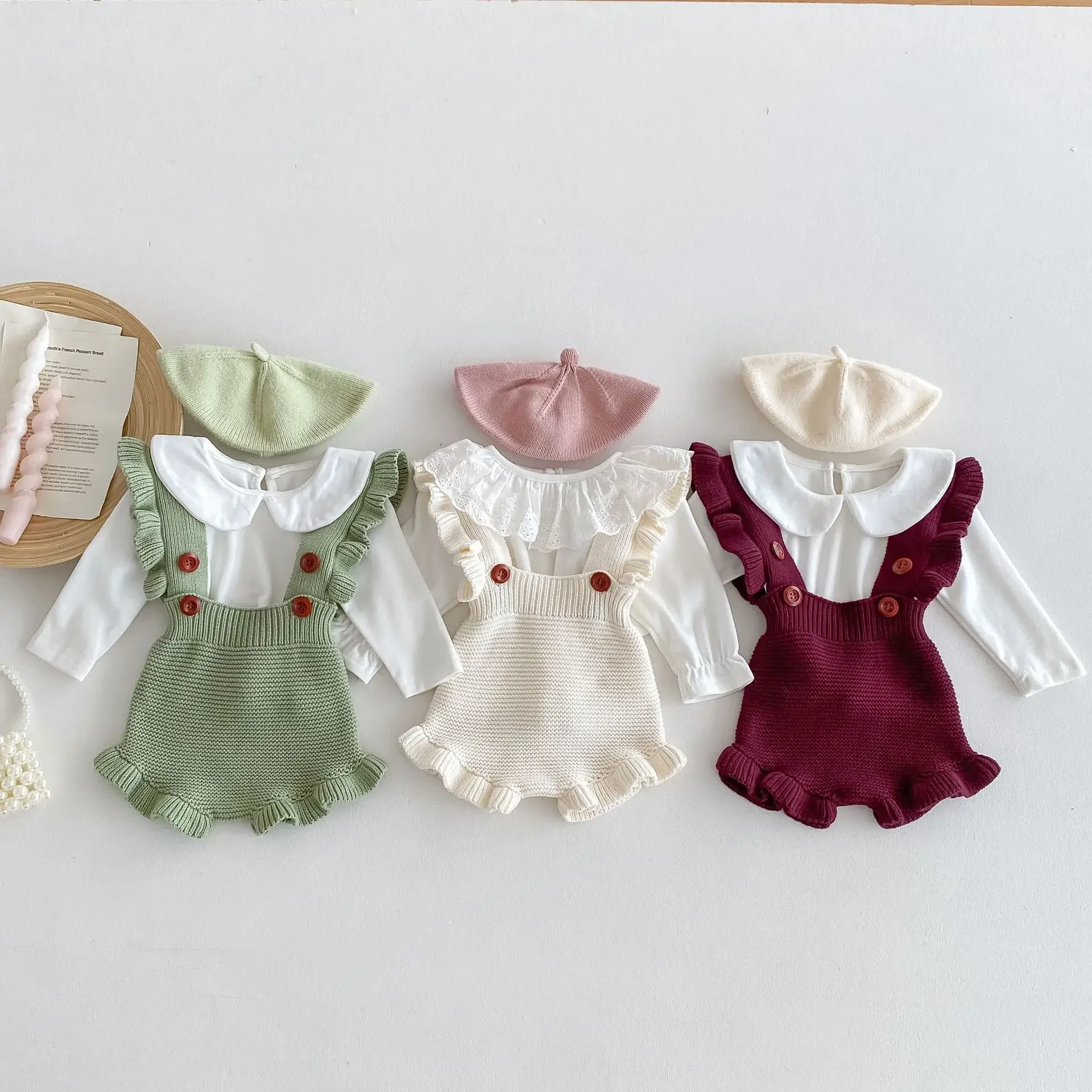 

Autumn Knit Baby Rompers Pants Baby Autumn Outfit Toddler Girls Crawling Clothes Jumpsuit with Ruffled Edge Overalls solid color