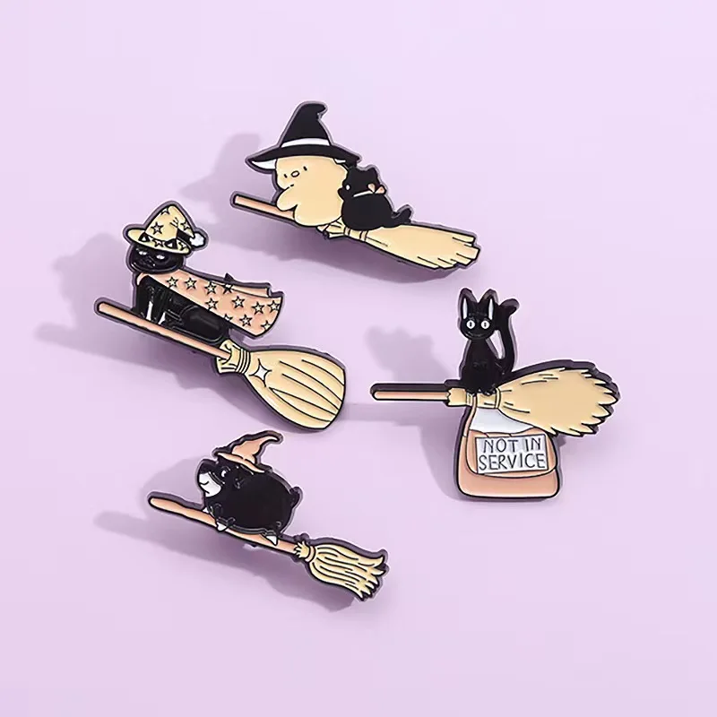 Magic Broom Cat Enamel Pins Wizard Hat Broom Stick Animals Brooches Lapel Backpack Badges Wholesale Jewelry Gift For Fans Friend