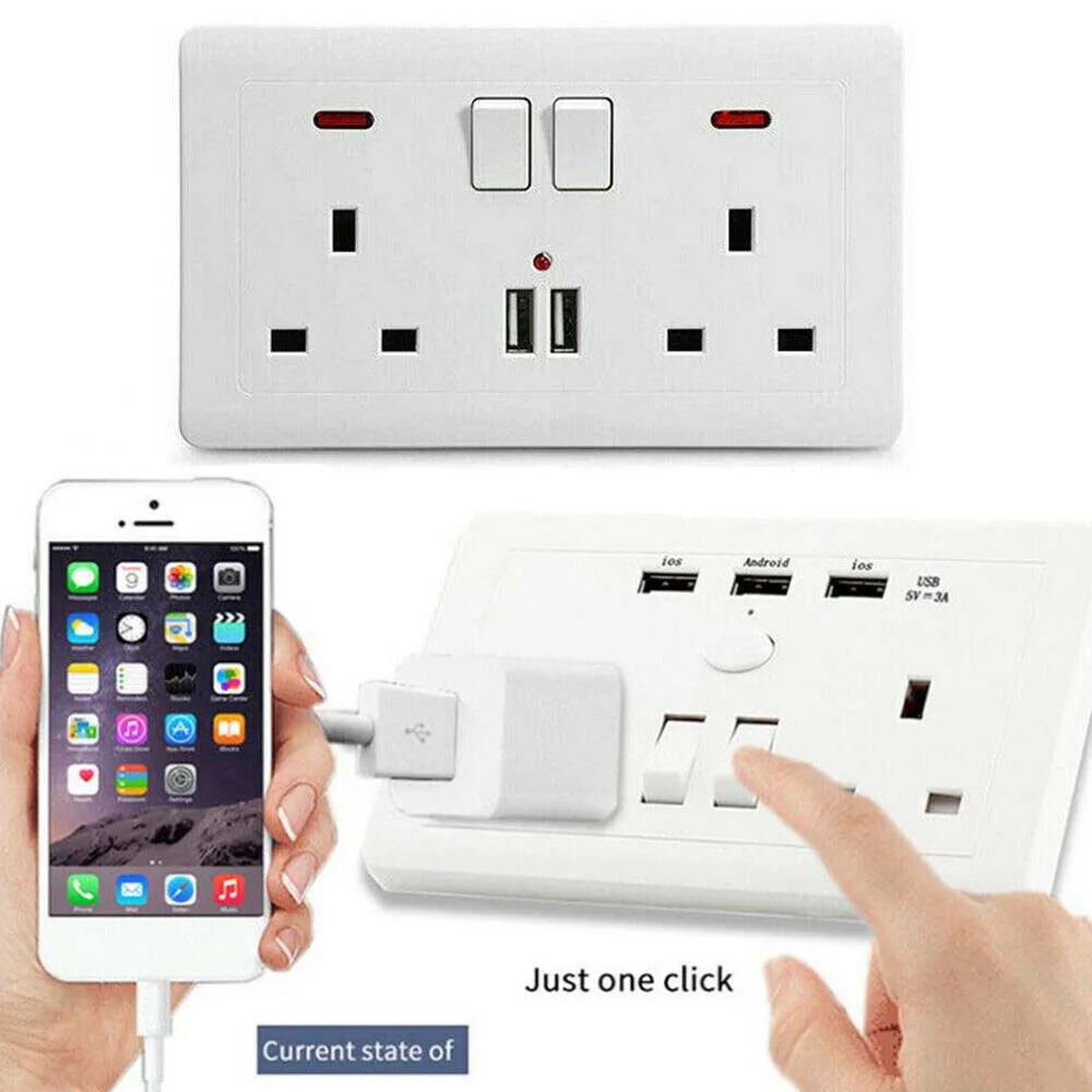 Double Wall Plug Socket 2 Gang 13A w/ 2 Charger USB Ports Outlets Flat Plate UK