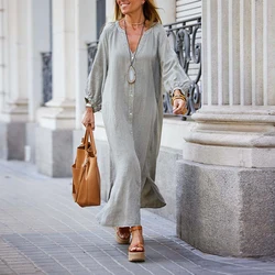 Spring Casual Pure Cotton and Linen Dress Sexy Lantern Long Sleeve Autumn Dress Women V-neck Single Breasted Long Cardigan Dress