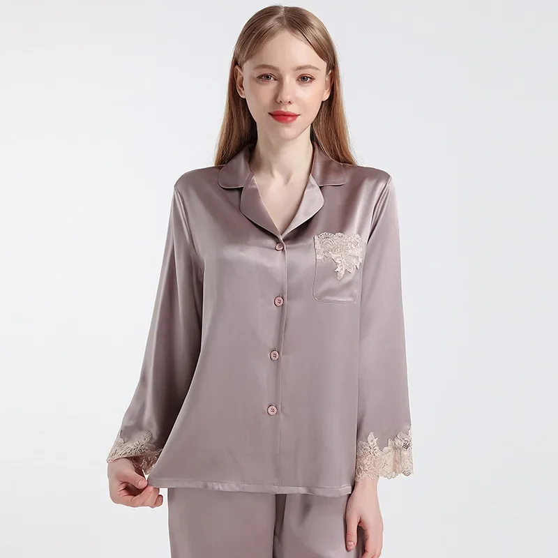 Lace Trim 100% Real Silk Long Sleeve Pajama Set Solid Color Button Up Lapel Top & Pants 2pcs Soft Nightwear Cardigan Pajamas PJs