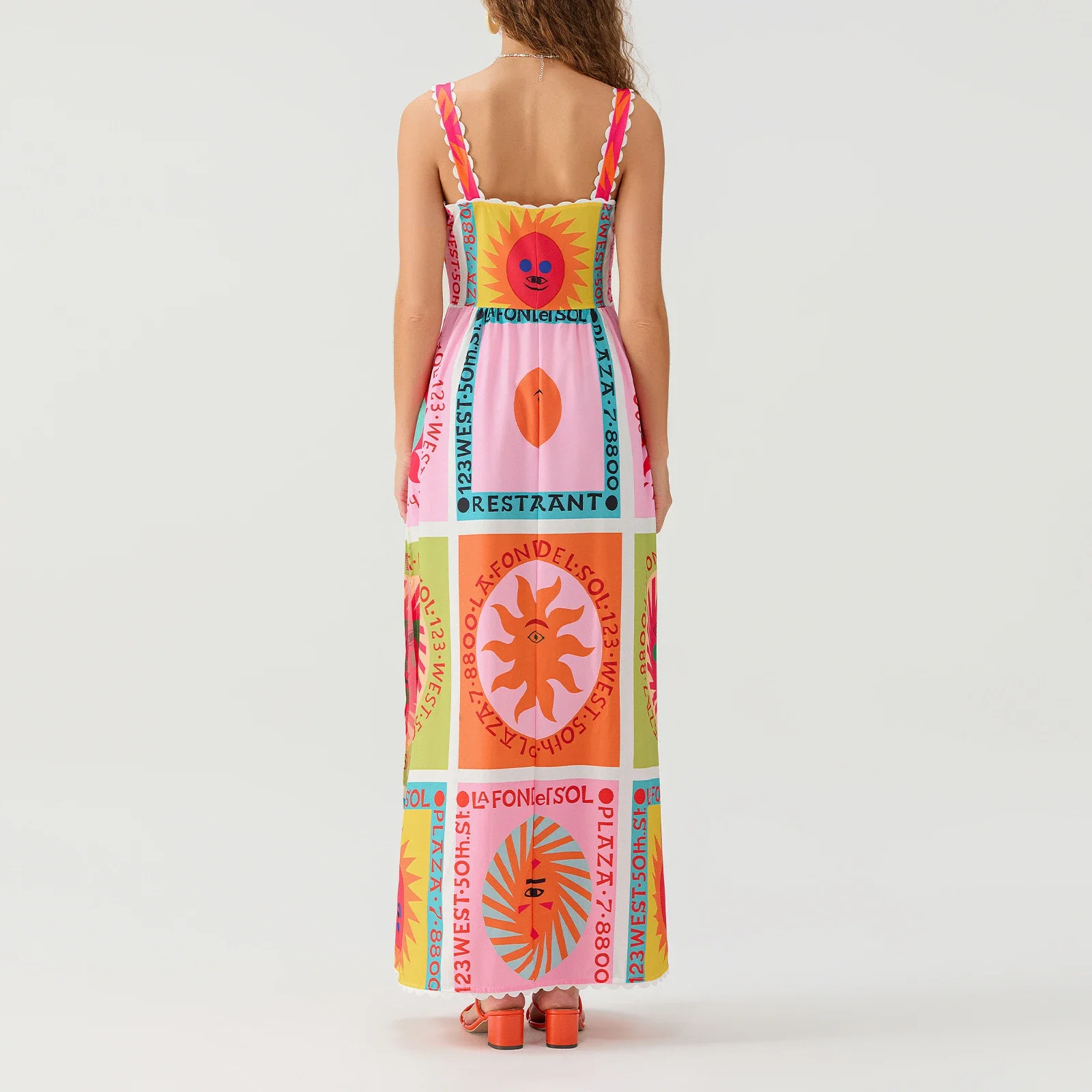 Mode femmes Cami robe soleil sourire visage imprimé poches latérales robe sans manches plage vacances fente longue robe Streetwear