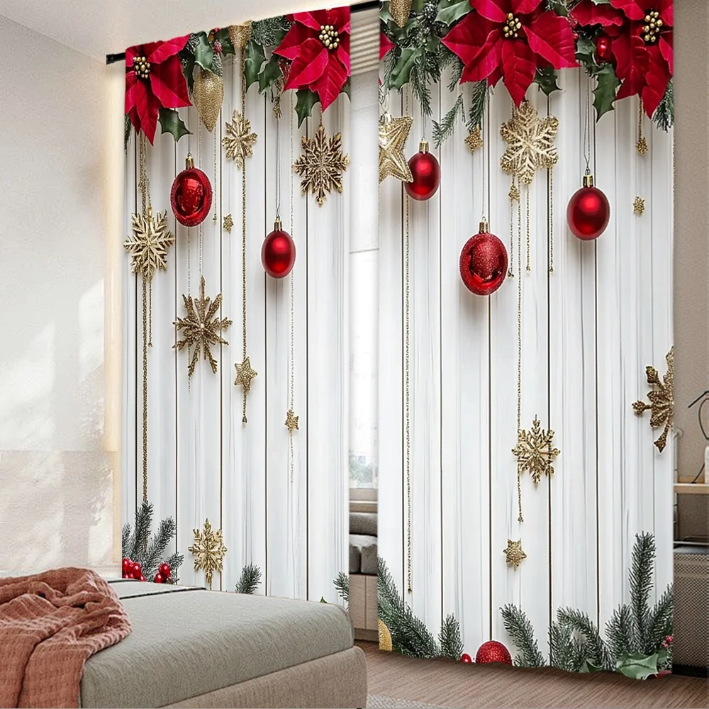 2D-Flachdruck, 2 Stück, modische Weihnachtsvorhänge, Feiertag, Weihnachten, 3 digital bedruckte Polyester-Vorhänge, festliche Vorhänge für