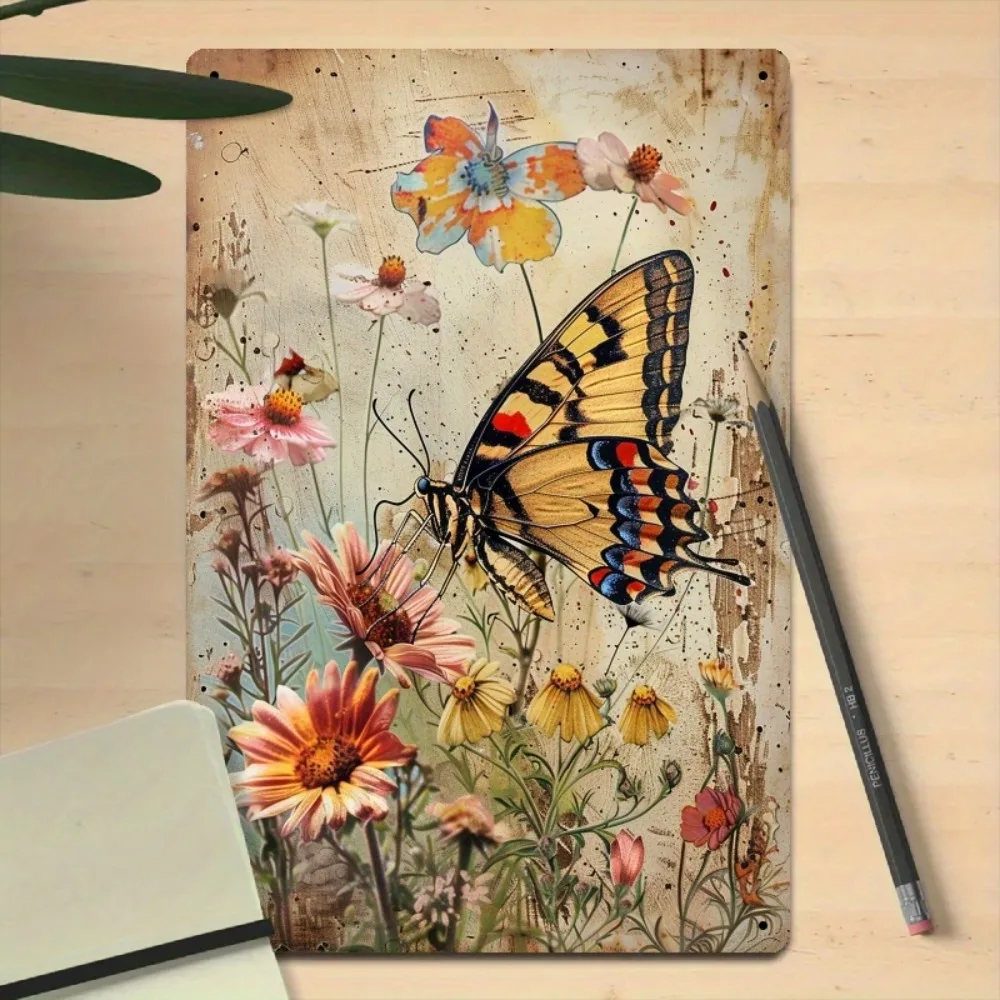 Vintage Butterfly Garden Metal Sign, 8x12 Inch Floral Wall Art for Home, Florist Shop or Rustic Room Decor