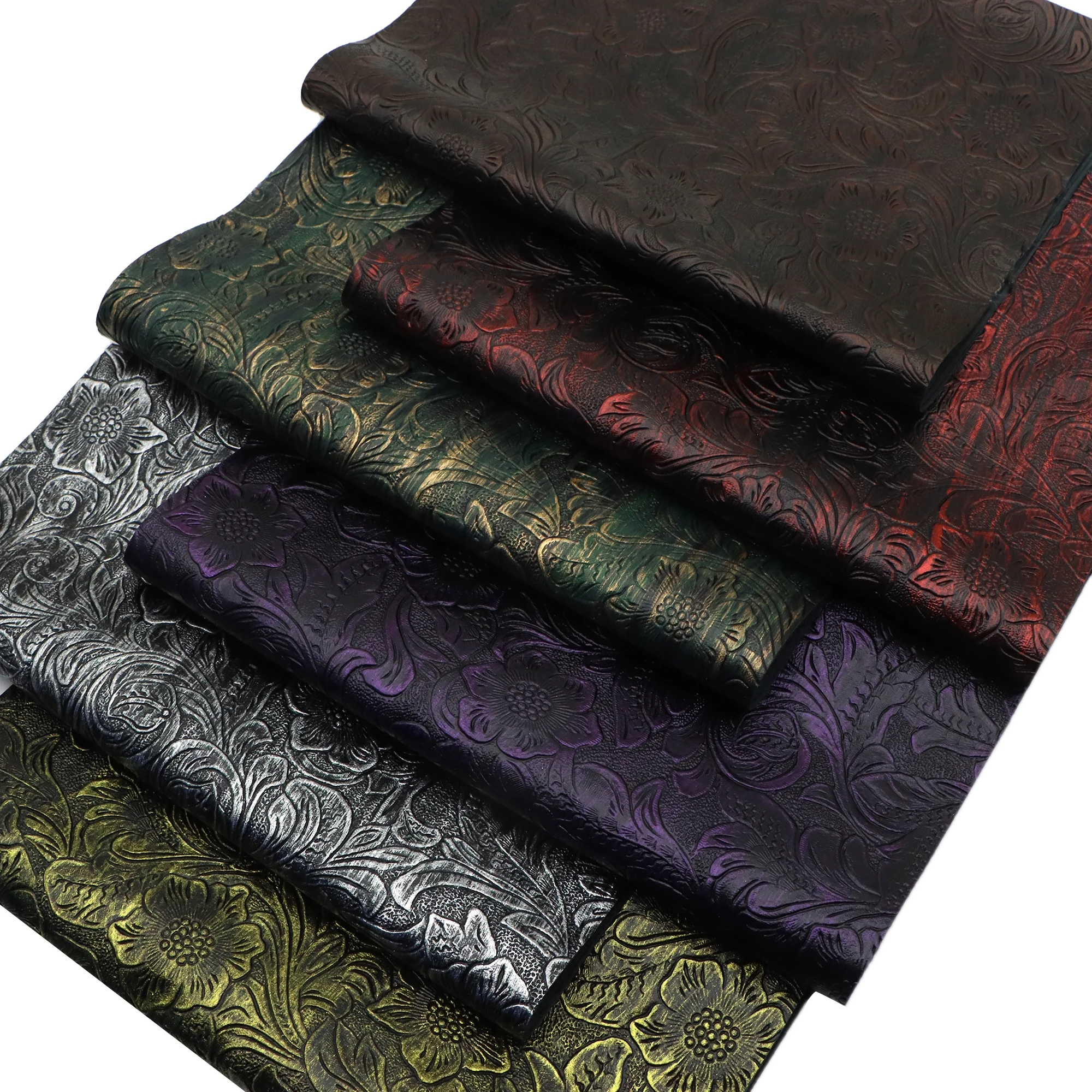 1Pc 7.87x12.99inch Metallic Color Faux Leather Sheet Bump Textured Swirl Flowers Pattern Retro Embossed Synthetic Leather Fabric
