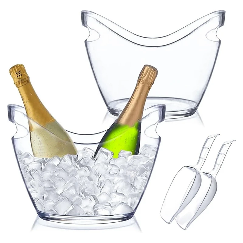 

Ice Buckets For Parties, 2 PCS Champagne Beverage Tub With 2 Ice Scoops, 4 Liter Clear Wine Buckets Tub For Cocktail