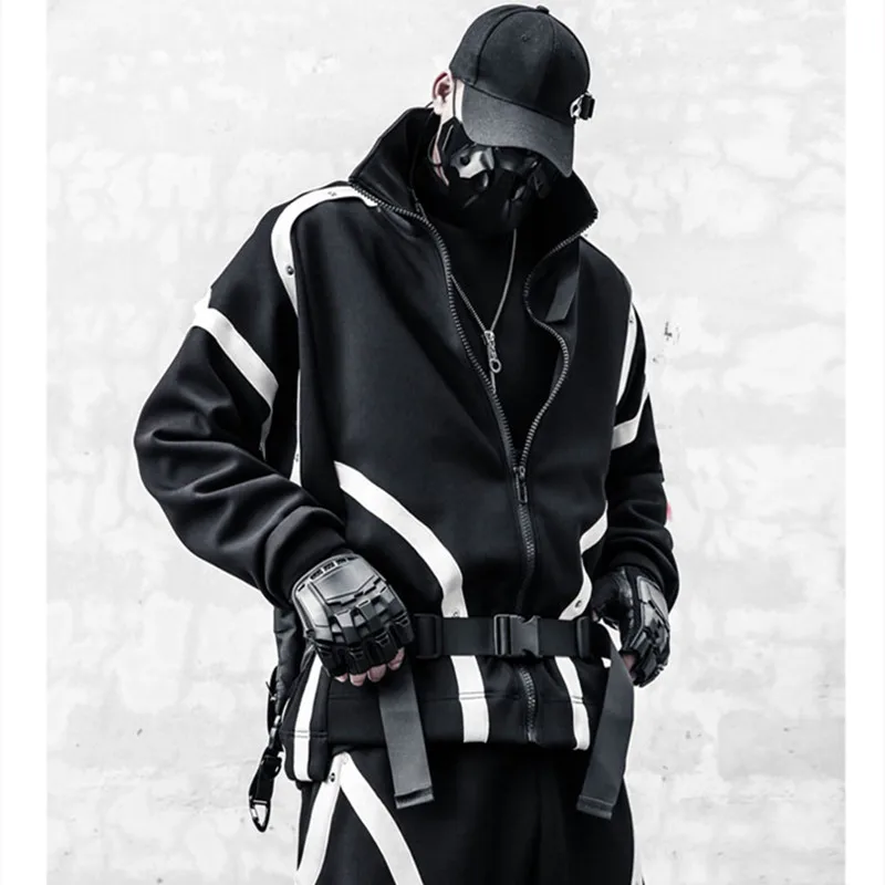 Black White Patchwork Techwear Style Hip Hop Punk Zip Up Hoodies Men's Outdoor Casual Sport Stand Collar Sweatshirt Jacket