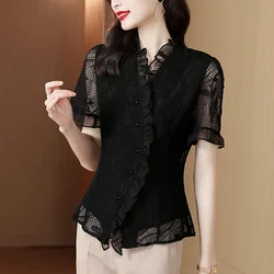 #2529 Black Blue Lace Blouse Women Short Sleeve Slim Office Irregular Blouse Female Sexy Ruffles Office Womens Tops And Blouses