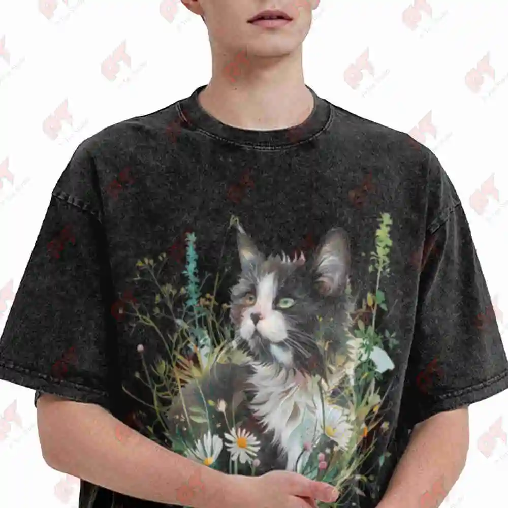 Summer Meadow Tuxedo Cat Watercolour Kitten Cottagecore Vintage Washed Tee Pure Cotton T-Shirt