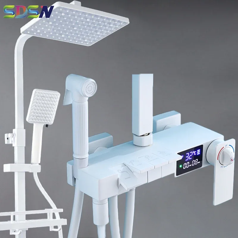 

Белый термостатический набор для душа для ванной комнаты, новый латунный светильник для ванной комнаты, смесители для душа с дождевой насадкой, белый цифровой душевой набор