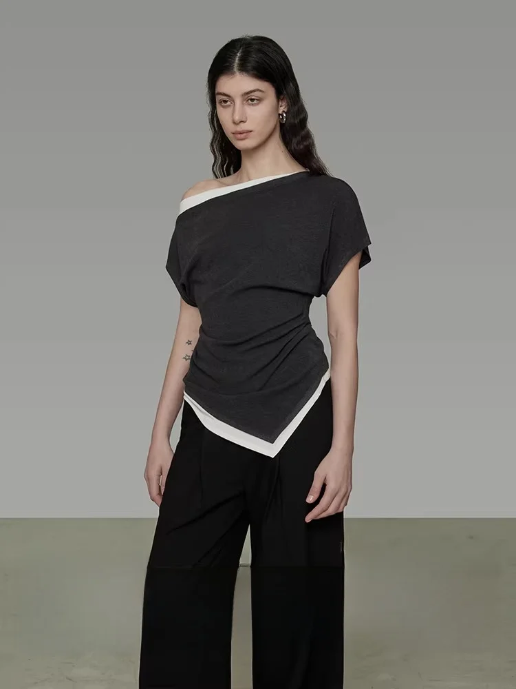 

Новинка Лето 2025: Женский вязаный топ Unspoken Color Blo с коротким рукавом, открытыми плечами, асимметричным кроем, для повседневной носки, приталенный крой.