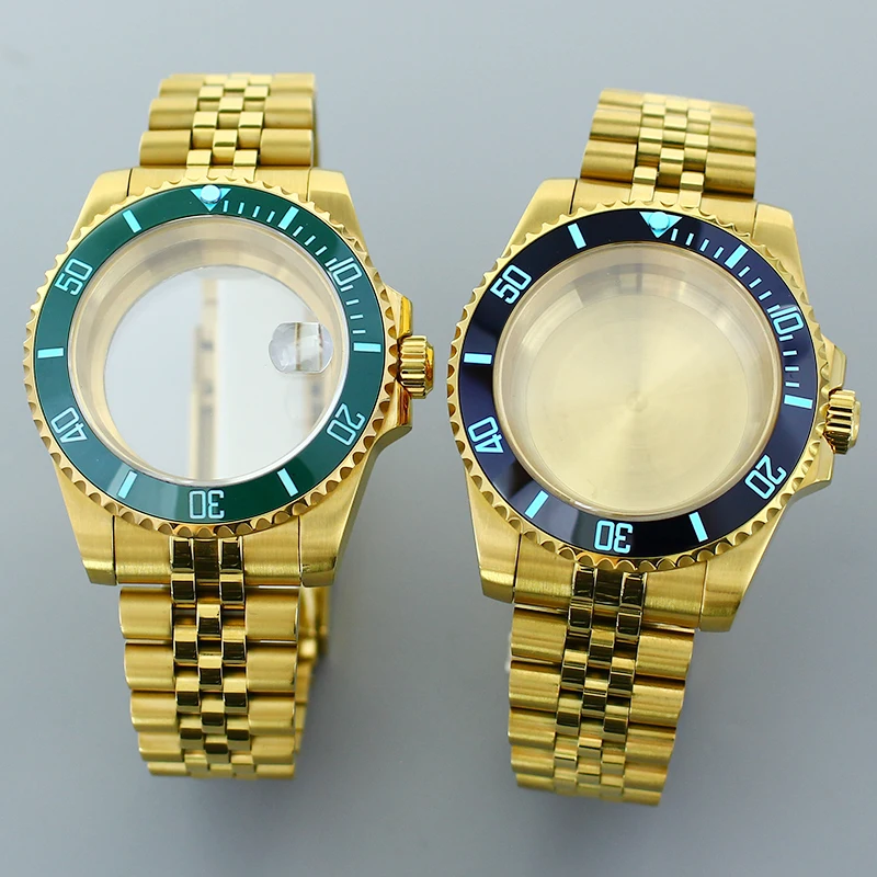 

40MM Watch Case Gold Jubilee bands Luminous SUB Black Blue Green Ceramic Bezel For Seiko NH35 NH36 8205 2824 Movement Sapphire