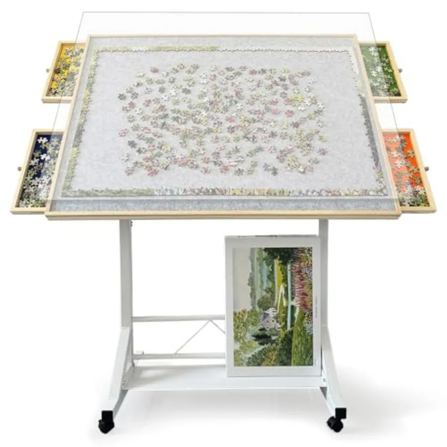

Jigsaw puzzle table for adults: wooden, brown, 1500-piece capacity, adjustable rotating board, drawers, legs, cover, wheels, po