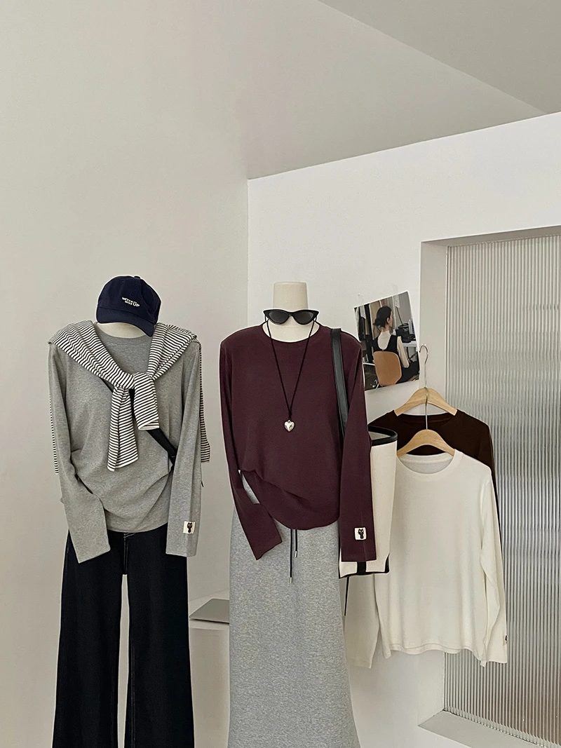 

Осенне-зимняя женская повседневная однотонная свободная базовая футболка с круглым вырезом и длинными рукавами