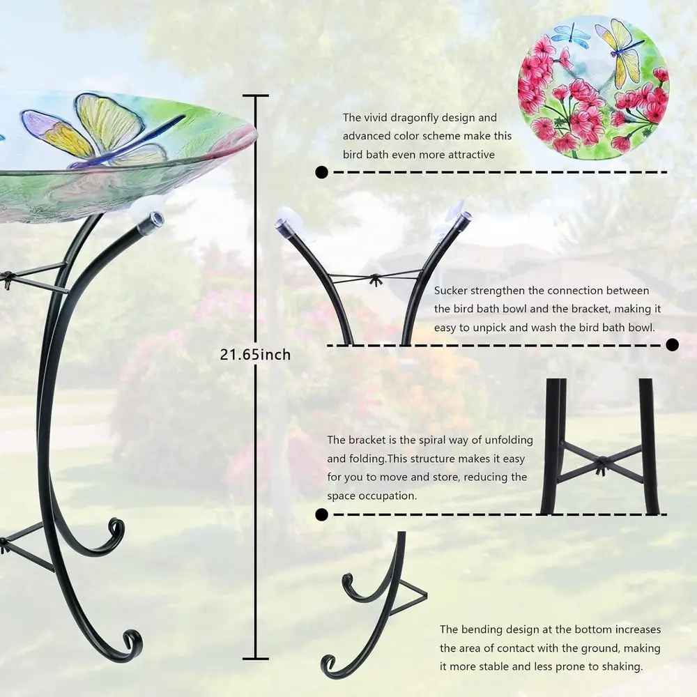 Glass Bird Bath with Metal Stand, Outdoor Garden Feeder, Large Bird Baths Bowl, Outdoor Garden, Patio Decor