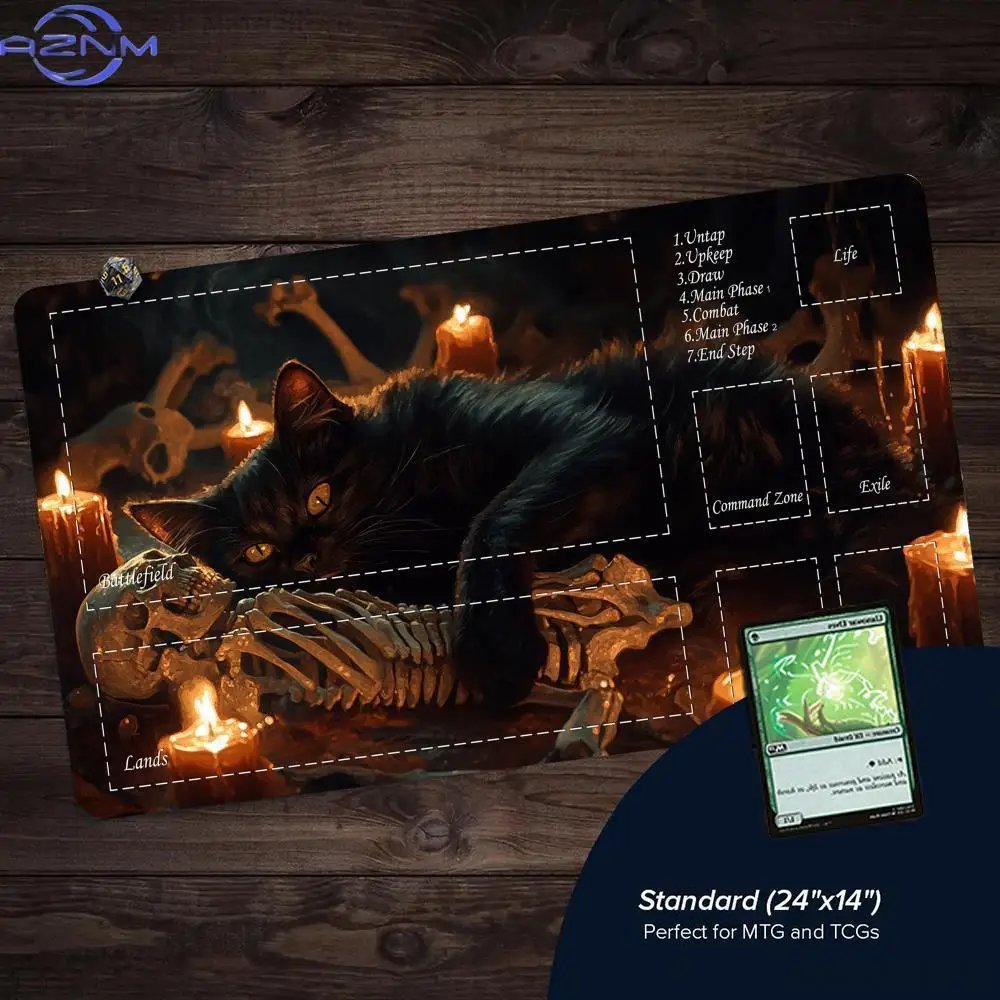 Black Cat Skeleton Candle TCG Playmat, Non‑Slip Rubber Trading Card Game Mat, Table Desk Pad for Card Gaming Table Decor