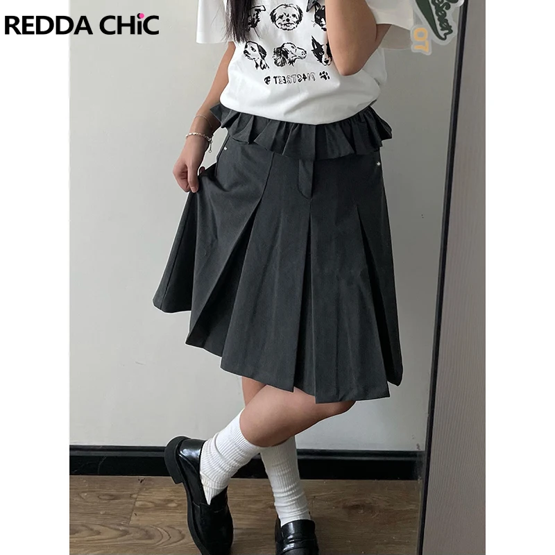 

ReddaChic Ruffled Waist Capri Dress Pants Women Gray Wide Leg Pockets Studs Pleated Shorts Trousers Office Lounge Summer Clothes