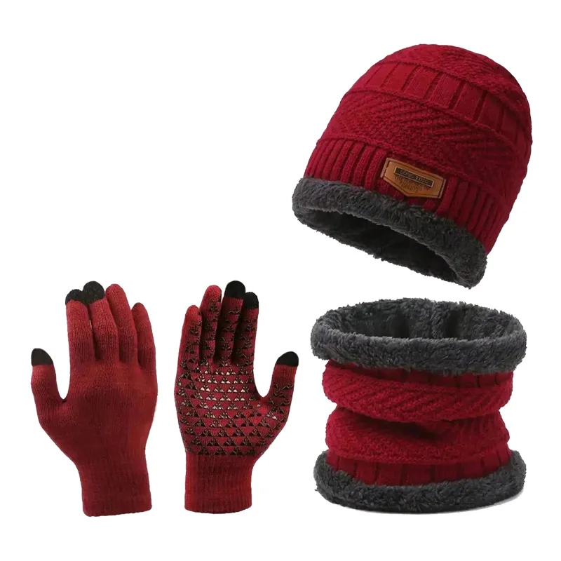 Three piece knitted hat, winter warm hat, anti slip touch screen gloves with thick woolen yarn, scarf hat