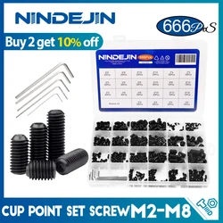 NINDEJIN 666pcs 세트 나사 컵 포인트 그럽 나사 모둠 키트 M2 M3 M5 M6 M8 육각 소켓 헤드리스 나사 키트 12.9 카본 스틸